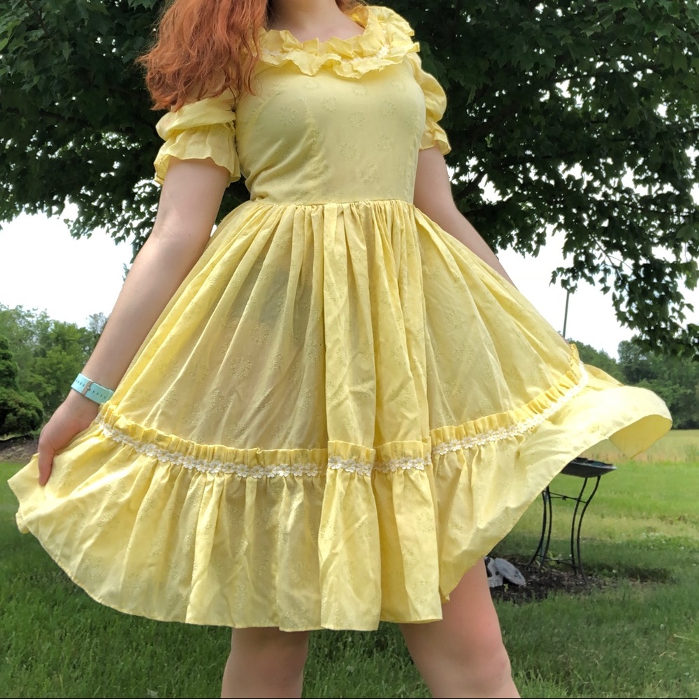 HANDMADE Vintage Yellow Ruffle Square Dance Dress!